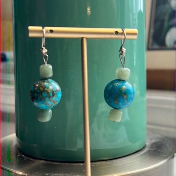 Vintage Genuine Kingman Turquoise & Aventurine Stone Sterling Drop Earrings - Picture 5 of 6